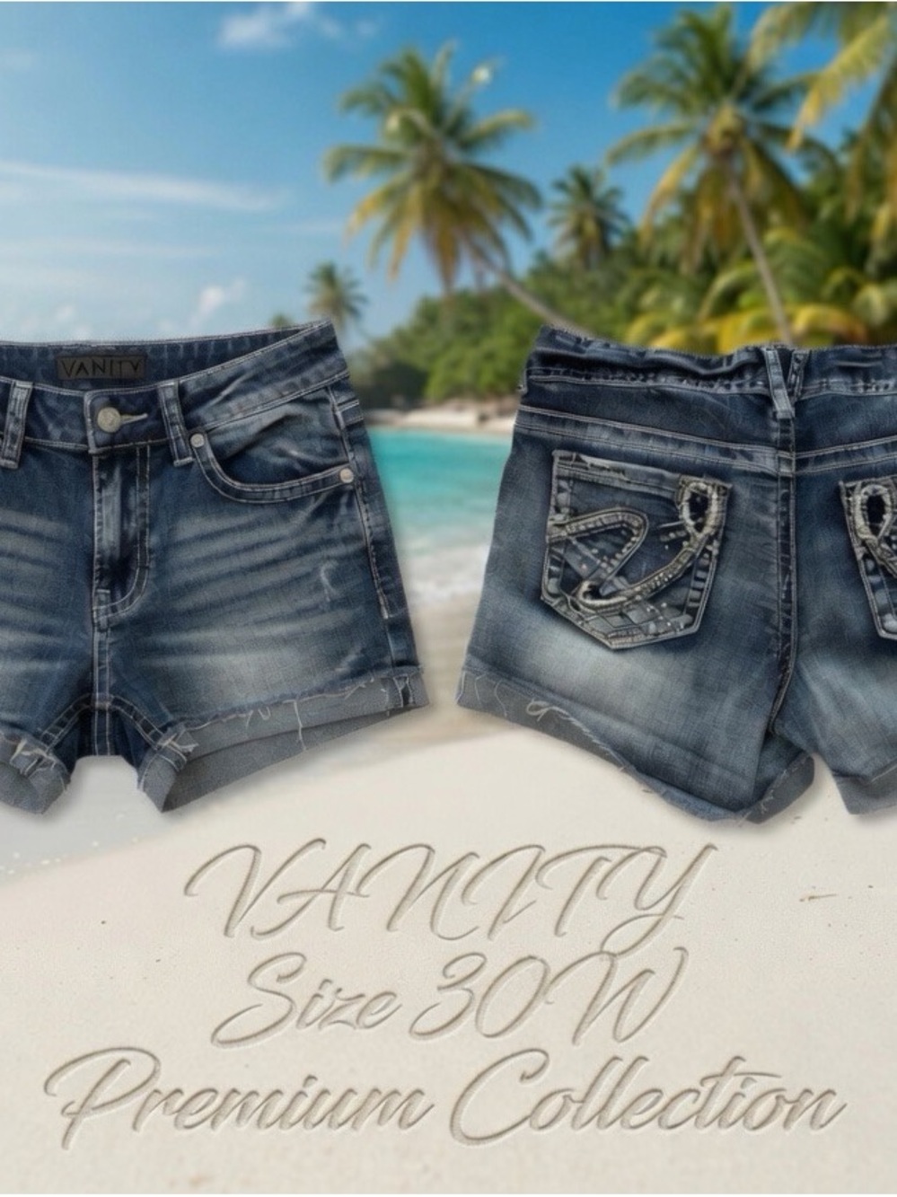 Vanity Women's Dark Wash Denim Shorts with Embellished Back Pockets